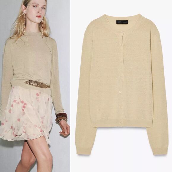 Zara Linen Cardigan Sweater Womens XL Cream - Picture 1 of 11